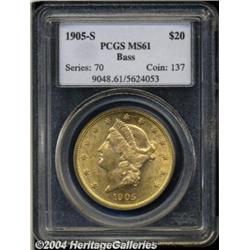 1905-S $20 MS61 PCGS. Ex: Bass. A lustrous,