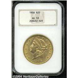 1906 $20 AU53 NGC. Almost complete mint luster
