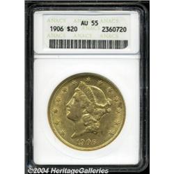 1906 $20 AU55 ANACS. Both sides are