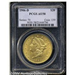 1906-D $20 AU58 PCGS. Almost full mint luster