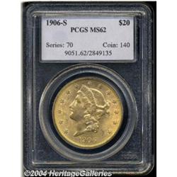 1906-S $20 MS62 PCGS. This penultimate S-mint