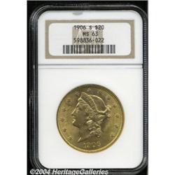 1906-S $20 MS63 NGC. Extremely lustrous with