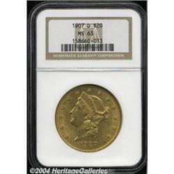 1907-D $20 MS63 NGC. An attractive, minimally
