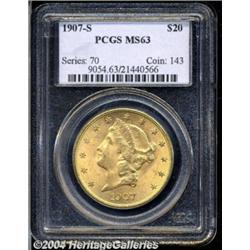 1907-S $20 MS63 PCGS. A sharply struck