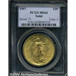 1907 $20 Arabic Numerals MS64 PCGS. A bright
