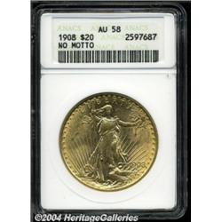 1908 $20 No Motto AU58 ANACS. A lustrous and