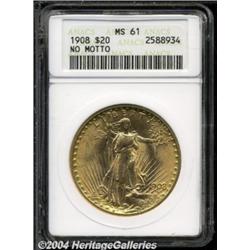 1908 $20 No Motto MS61 ANACS. Well defined.