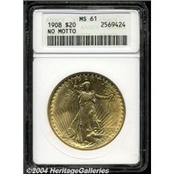 1908 $20 No Motto MS61 ANACS. Well defined