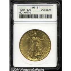 1908 $20 No Motto MS61 ANACS. Even