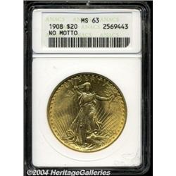 1908 $20 No Motto MS63 ANACS. Sharply struck