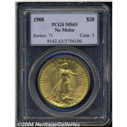1908 $20 No Motto MS63 PCGS. Attractive