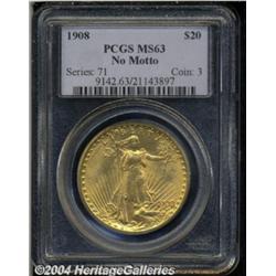 1908 $20 No Motto MS63 PCGS. A minimally
