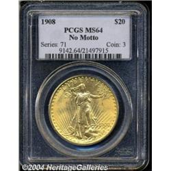 1908 $20 No Motto MS64 PCGS. The devices are