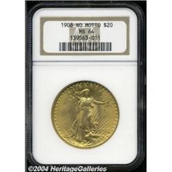 1908 $20 No Motto MS64 NGC. Well detailed with