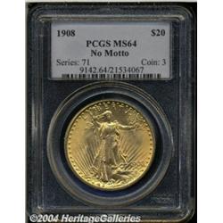 1908 $20 No Motto MS64 PCGS. A well struck