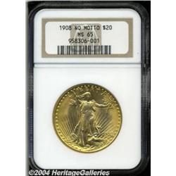 1908 $20 No Motto MS65 NGC. Sharply struck