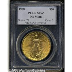 1908 $20 No Motto MS65 PCGS. A gorgeous