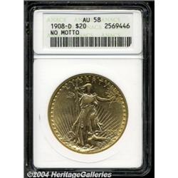 1908-D $20 No Motto AU58 ANACS. This nearly