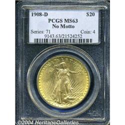 1908-D $20 No Motto MS63 PCGS. Bright and