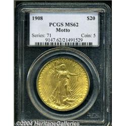 1908 $20 Motto MS62 PCGS. The frosty luster is