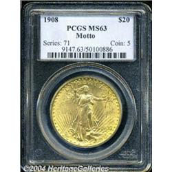 1908 $20 Motto MS63 PCGS. Much scarcer than