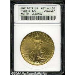 1908-D $20 Motto--Cleaned--ANACS. Unc Details,