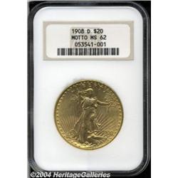 1908-D $20 Motto MS62 NGC. Sharply struck with
