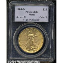 1908-D $20 Motto MS63 PCGS. The satiny