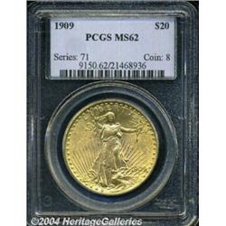1909 $20 MS62 PCGS. Well struck with bright,