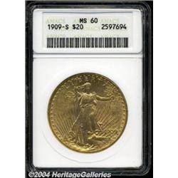 1909-S $20 MS60 ANACS. A lustrous and