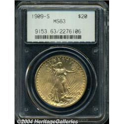1909-S $20 MS63 PCGS. Bright copper-golden