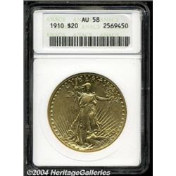 1910 $20 AU58 ANACS. Light friction on the