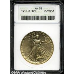 1910-D $20 AU58 ANACS. Light wear occurs on