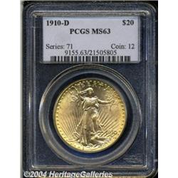 1910-D $20 MS63 PCGS. Cartwheel luster booms