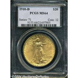 1910-D $20 MS64 PCGS. Typical satin surfaces