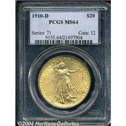 1910-D $20 MS64 PCGS. Sharply struck, with