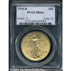1910-D $20 MS64 PCGS. A pleasing, satiny