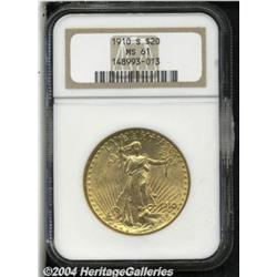 1910-S $20 MS61 NGC. Well struck with lustrous