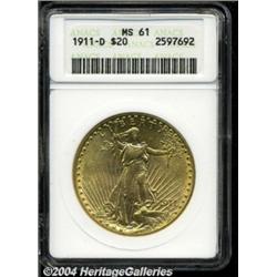 1911-D $20 MS61 ANACS. A lustrous sunrise-gold