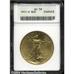 1911-S $20 AU58 ANACS. Very light wear is