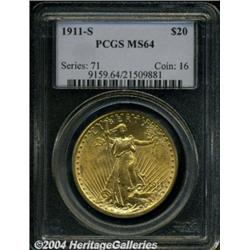 1911-S $20 MS64 PCGS. Well defined with