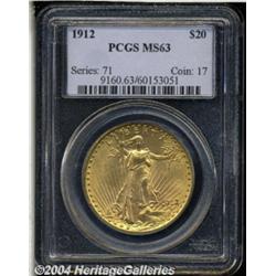 1912 $20 MS63 PCGS. Satiny luster with a good