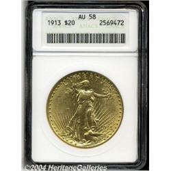 1913 $20 AU58 ANACS. Light friction is seen