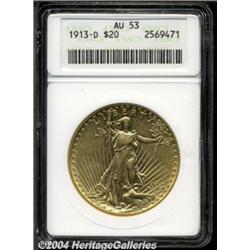 1913-D $20 AU53 ANACS. A slightly handled
