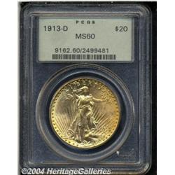 1913-D $20 MS60 PCGS. Highly lustrous surfaces