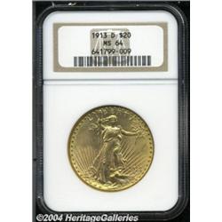 1913-D $20 MS64 NGC. This flashy near-Gem has