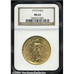 1913-D $20 MS64 NGC. A lustrous, near-Gem