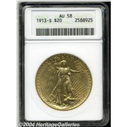 1913-S $20 AU58 ANACS. The bright golden