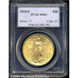 1914-S $20 MS63 PCGS. Pleasing satin-like