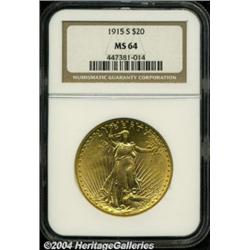 1915-S $20 MS64 NGC. Smooth and orange-gold in
